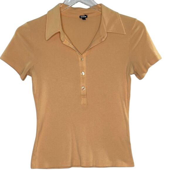 Monrow M Womens Rib Polo Henley Desert Mist Collared Short Sleeve 90s - Picture 2 of 9